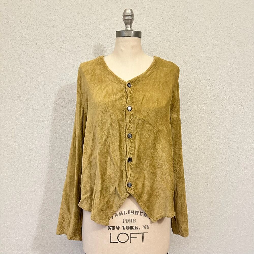 CP SHADES Top Mustard Yellow Velour Asymmetric Button Up Long Sleeve
